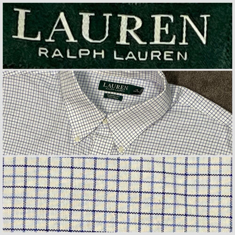 Lauren Ralph Lauren 18X 34-35 Black BlueTattersol Oxford Button Down Long Sleeve
